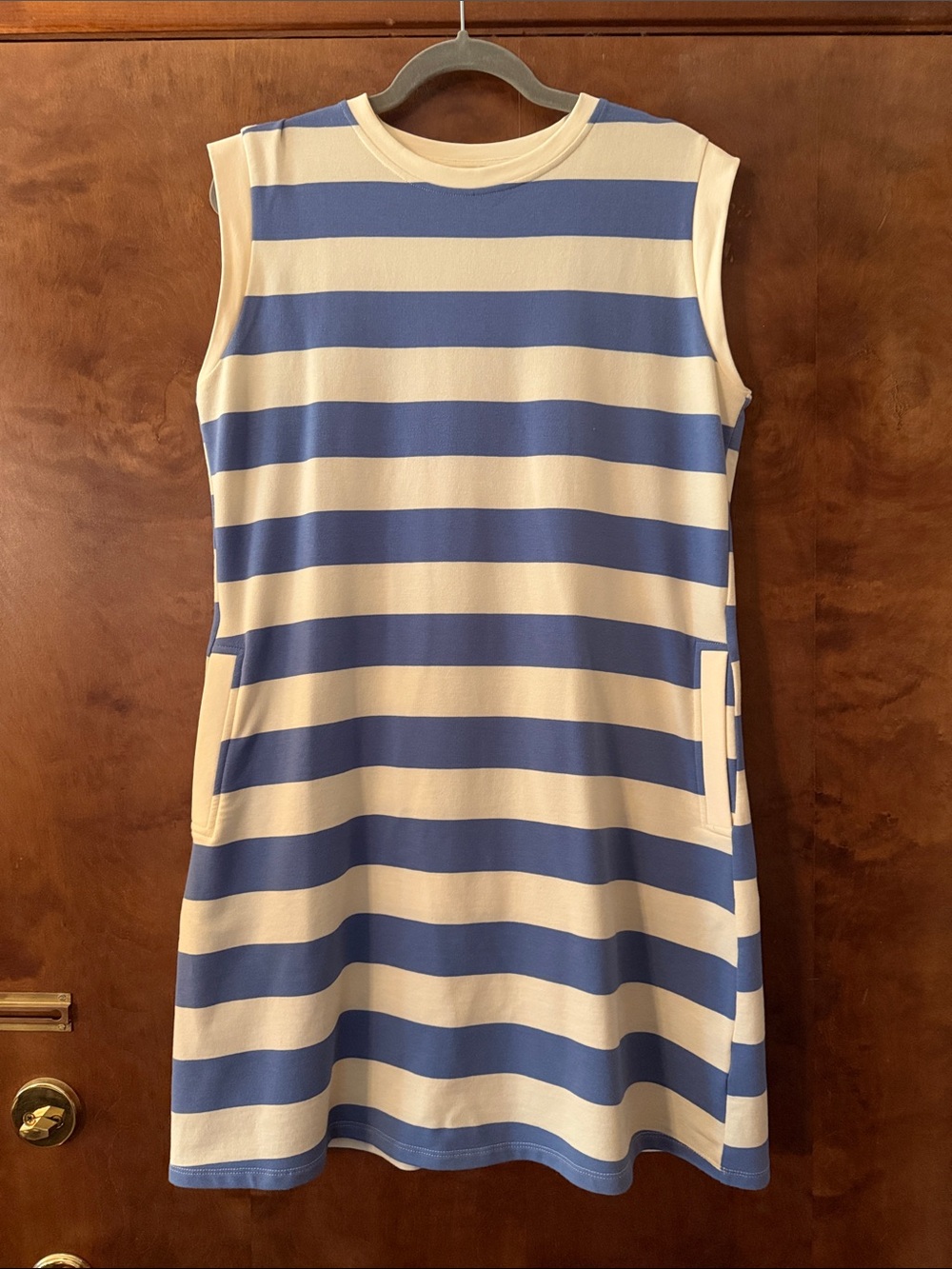 Doe & Rae Blue and White Striped Sleeveless Casual Dress